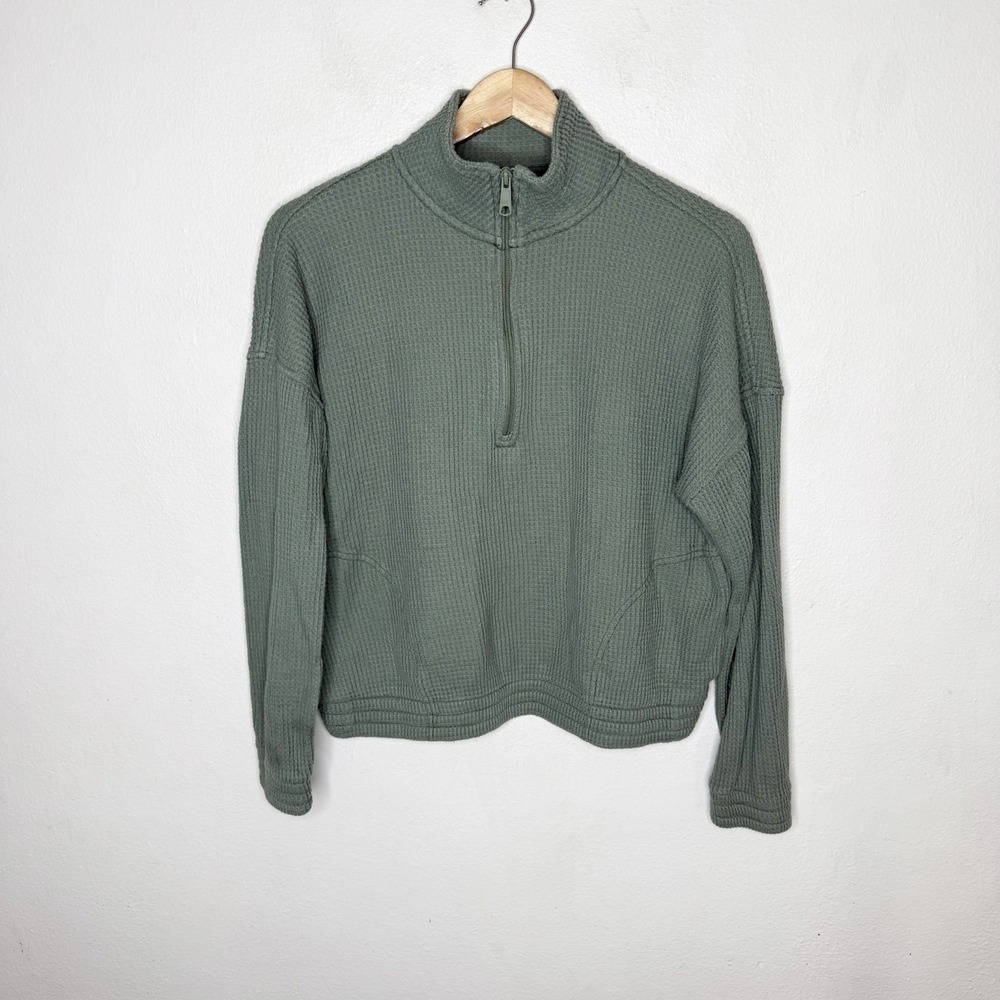 aerie Olive Green Half-Zip Waffle Knit Pullover